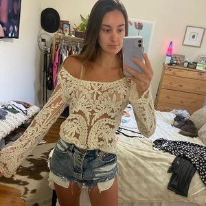 White embroidered mesh bell sleeved top